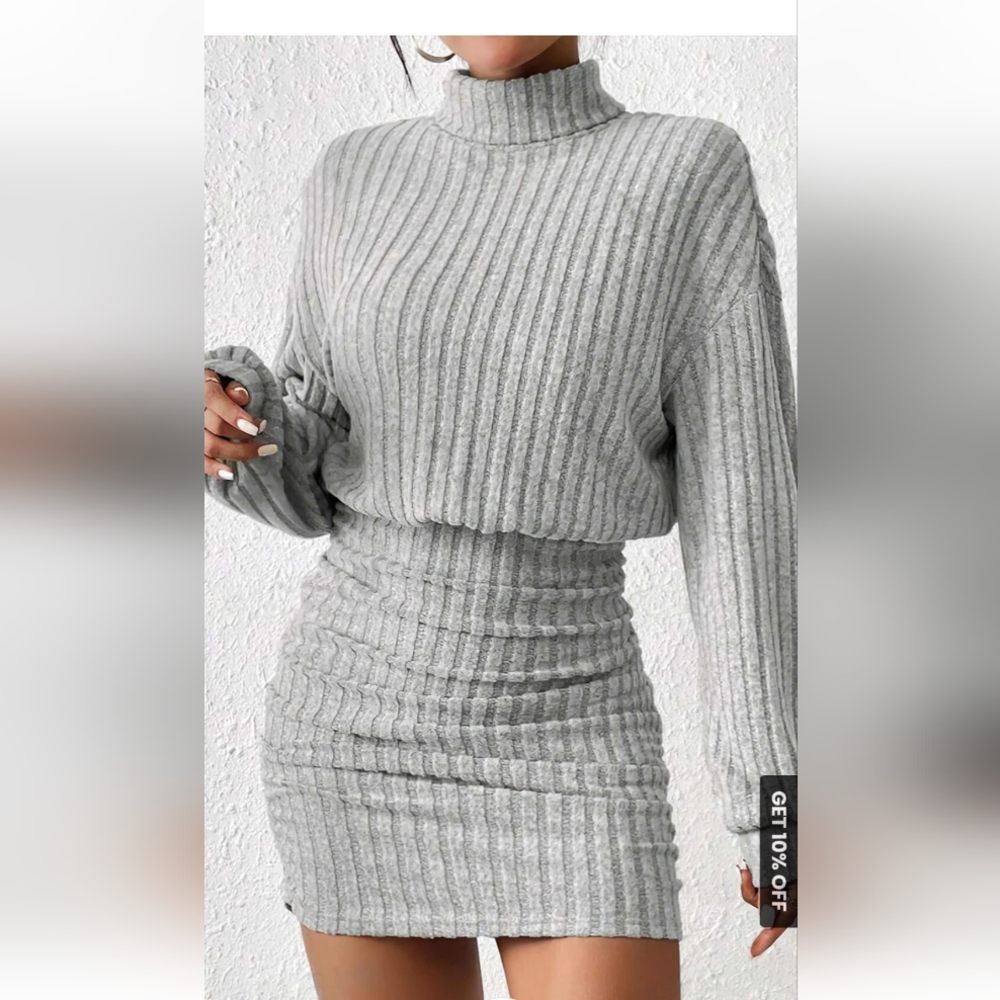 Gray Ribbed Knit Mock Neck Dress